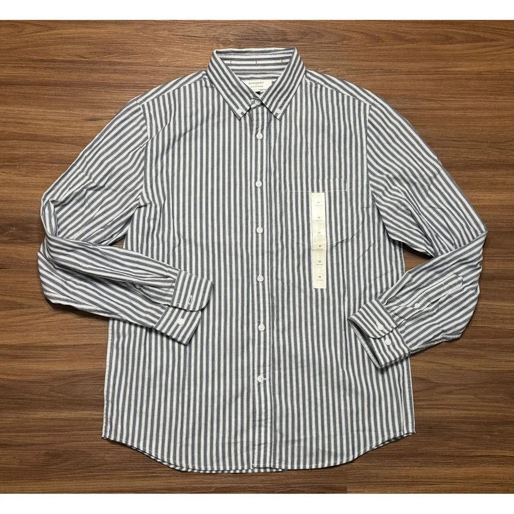 Banana Republic Mens Slim Untucked Organic Cotton Striped Shirt Blue White Sz M